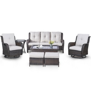 7 Piece Patio Furniture Set with Swivel Chairs, Rattan Wicker Outdoor Conversation Set with Patio Couch Swivel Chair Coffee Table End Table Ottoman - 1 of 4