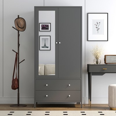 TIRAMISUBEST Metal Wardrobe Armoire - Mobile Closet with 2 Drawers, Locking Wheels & Adjustable Shelf | Space-Saving Storage for Bedroom