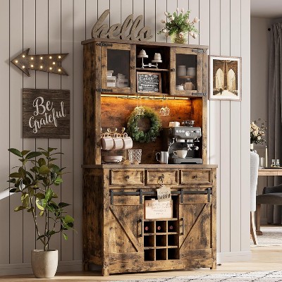 Farmhouse 72'' Bar Cabinet with LED Light, Kitchen Hutch with 3 Drawers and Wine Glass Rack, Sliding Barn Door Tall Wine Cabinet for Home Bar
