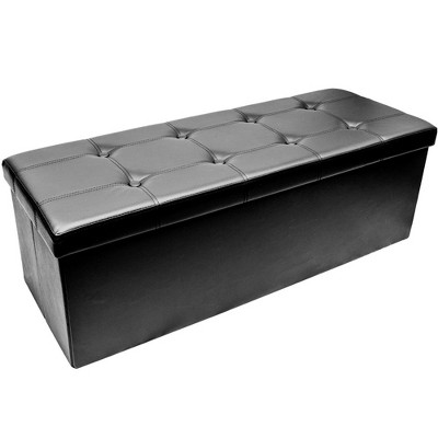 Black Faux Leather Storage Ottoman Bench with Button-Tufting