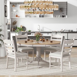 Retro Functional Dining Sets Round, Dining Sets 5 Piece, Dining Set Solid Wood With 4 Upholstered Chairs, Extendable Dining Table Set-Cuddlewood - 1 of 4
