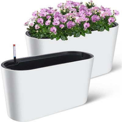 Tall Oval Planter for Outdoor Patio/Porch,Plastic Planter of 2, Removable Insert Bucket, Weather-Resistant Plastic, Modern Design, White