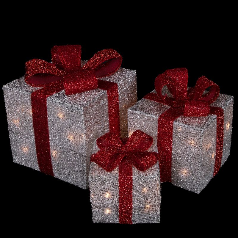 Northlight Set of 3 Silver Tinsel Lighted Gift Boxes with Red Bows Outdoor Christmas Decorations, 3 of 7