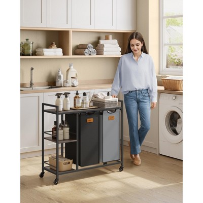 Chestnut Brown and Gray Steel Rolling Laundry Sorter with Shelves