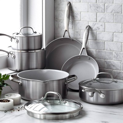 GreenPan Craft Steel 10-Piece Cookware Set with Bonus Pan Protectors, Silver