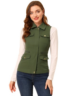 Allegra K Women's Zip-Up Sleeveless Turn Down Collar Cargo Utility Vest with Pockets