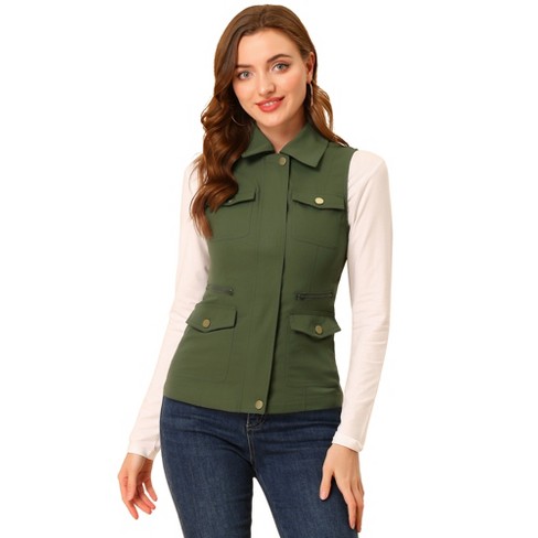 Allegra K Women's Zip-Up Sleeveless Cargo Utility Vest with Pockets Green  X-Large