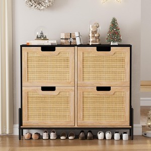 Natural Rattan Narrow Shoe Storage Organizer Cabinet with 4 Flip Drawers, Freestanding Shoe Rack with Metal Legs and Adjustable Shelf - 1 of 4