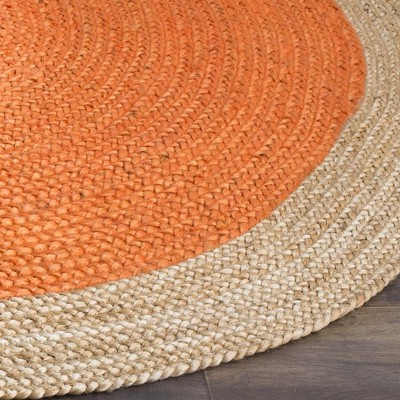Handmade Round Orange and Natural Jute Braided Rug, 4' Diameter