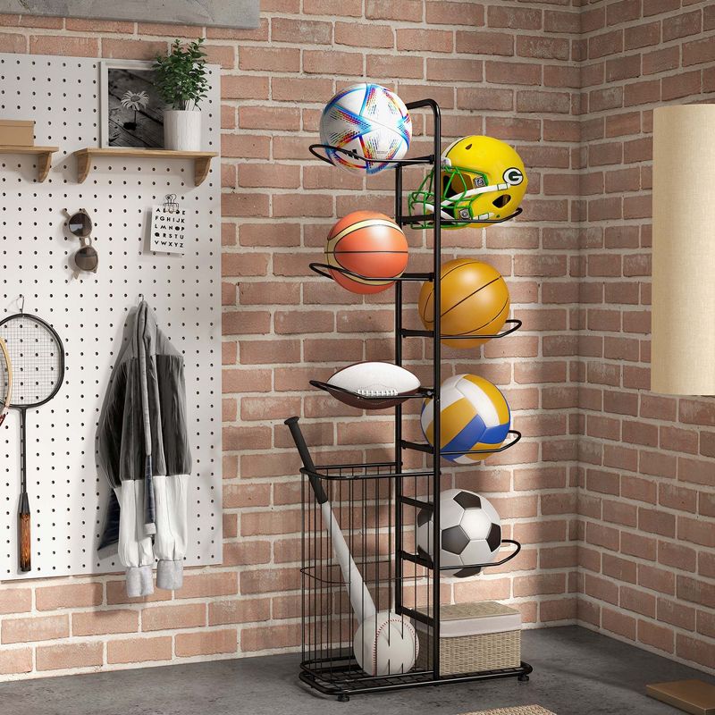Costway 7-Tier Ball Storage Rack with 7 Removable Hanging Rods & Side Ball Basket Black, 4 of 11