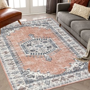 Washable Foldable Oriental Area Rug | Non-Slip Low Pile Vintage Runner for Home, Office, Dining, Bathroom & Bedroom - 1 of 4
