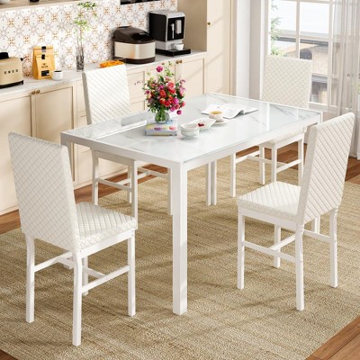 Hooseng Modern Luxurious Style 5/7 Piece Dining Room Table Set, Tempered Glass Top Dining Table Set for 4/6, Metal Frame And Upholstered Dining Chairs