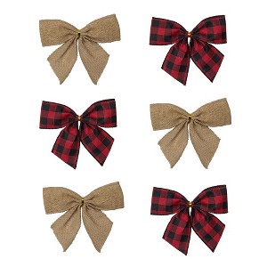 Northlight Buffalo Plaid and Burlap 2-Loop Christmas Bow Decorations - 5.5" - Pack of 6 - 1 of 4