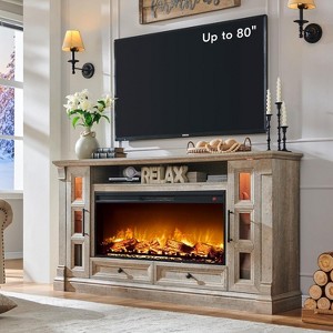 SinCiDo 80" TV Fireplace Stand, 36" Farmhouse Entertainment Center w/42" Electric Fireplace, Glass Door Cabinets & Drawers - 1 of 4