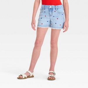 Girls' Mid-Rise Star Embroidered Cutoff Denim Shorts - Cat & Jack™ Light Wash - 1 of 4