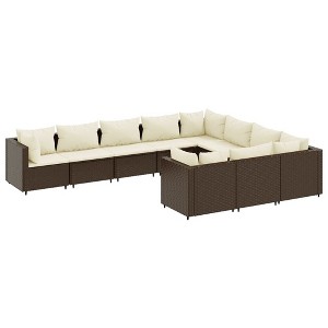 vidaXL 10-Piece Patio Sofa Set - Brown Poly Rattan Garden Furniture with Cushions and Tempered Glass Table for Terrace/Backyard - 1 of 4