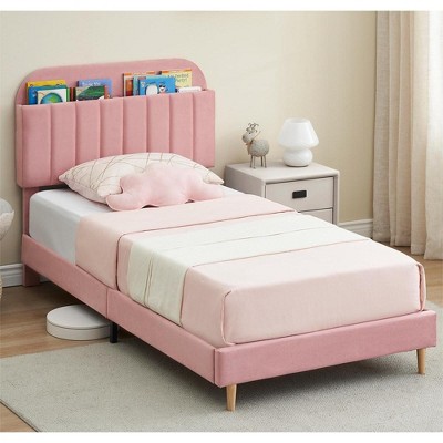 Twin Size Bed Frames, Velvet Upholstered Platform Bed Frame with Storage Headboard and Strong Wooden Slats, Noise-Free/Easy to Assemble