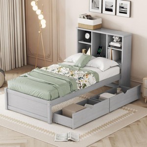 Streamdale Modern Twin Bed Frame with USB Headboard and Grey Drawers - 1 of 4
