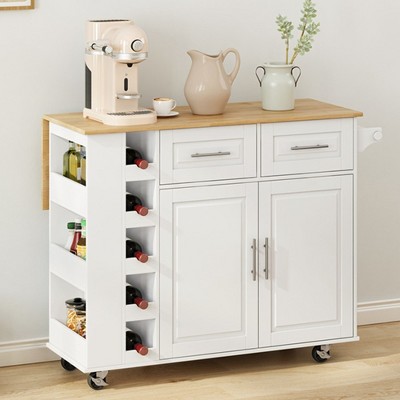 Kitchen Island Cart With 2 Door Cabinet And 2 Drawers, Foldable Rubberwood Table Top Multi-Functional Cart