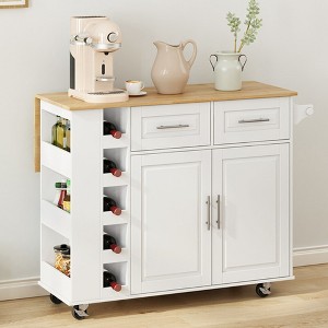 Kitchen Island Cart With 2 Door Cabinet And 2 Drawers, Foldable Rubberwood Table Top Multi-Functional Cart - 1 of 4