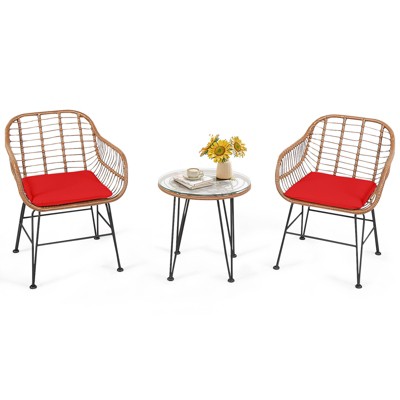 Tangkula 3PCS Patio Rattan Furniture Set with Round Tempered Glass Top Table & 2 Rattan Armchairs White/Turquoise/Red/Black/Gray/Navy