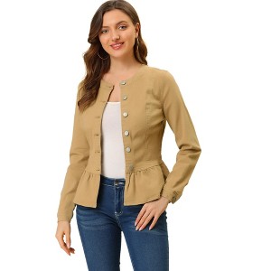 INSPIRE CHIC Women's Peplum Collarless Round Neck Button Down Cropped Ruffle Hem Denim Jackets - 1 of 4
