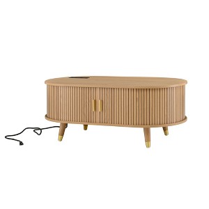 Gulches Natural Teak Oval MDF Indoor Coffee Table 42x22x17 Inch Mid-Century Charging Station Sliding Door - 1 of 4