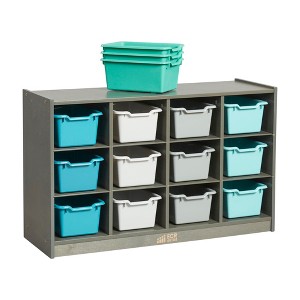 ECR4Kids 12 Cubby Mobile Tray Cabinet with 15 Scoop Front Storage Bins, 3x4, Grey Wash - 1 of 4