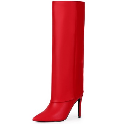 BLISSFUL STEP Women's Fold Over Pointed Toe Zipper Stiletto Heel Knee-High Boots