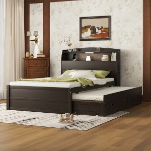 Twin/Full Size Wooden LED Platform Bed with Trundle, Storage Headboard and Drawers 4L - ModernLuxe - 1 of 4