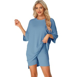 cheibear Women's Knit Loose Fit T-Shirt with Biker Shorts Lounge Sleepwear Pajama Sets - 1 of 4
