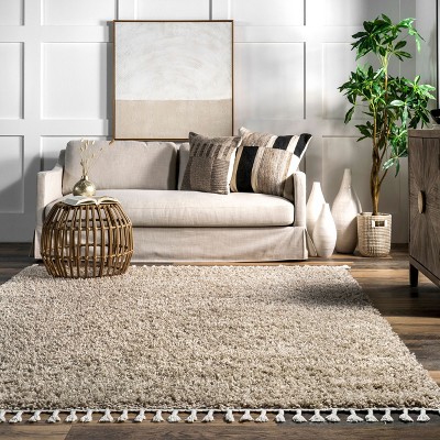 Beige Braided Tasseled Shag Synthetic Area Rug 2' x 3'