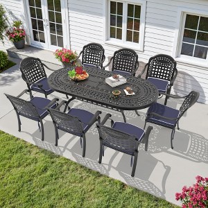 9-Piece Cast Aluminum Outdoor Dining Set: Oval Table, Stackable Chairs & Blue Cushions - All-Weather Patio Furniture for Your Backyard - 1 of 4