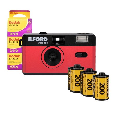 Ilford Sprite 35 II 35mm Analog Film Camera Red Black with 3 Pack Film Bundle