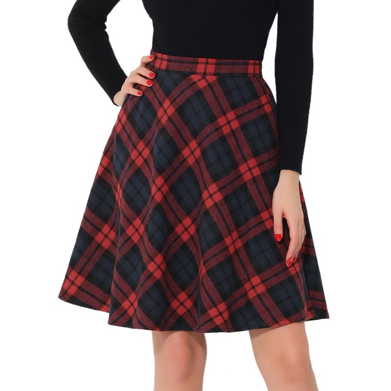 Allegra K Women's Plaids Vintage Tartan Elastic Waist Knee Length A-Line Skirt, 1 of 7