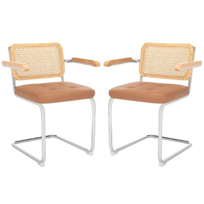 Cognac Faux Leather and Natural Rattan Arm Chair with Chrome Legs