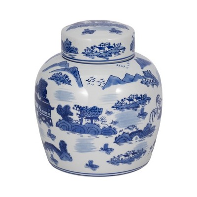 Sagebrook Home 9" Ceramic Round Jar - Blue and White Chinoiserie Temple Design Contemporary Decorative Jar Accent Blue