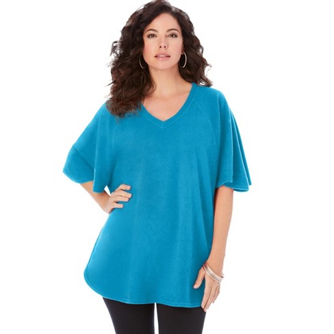 Roaman's Women's Plus Size High Pile Fleece Batwing Tee, S - Vivid Blue