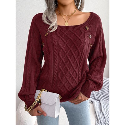 Womens Casual Sweater Square Neck Shoulder Button Cable Knit Pullover Sweater