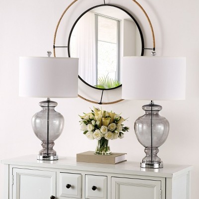 Translucent Grey Glass Table Lamp Set, 27" with Off-White Shade