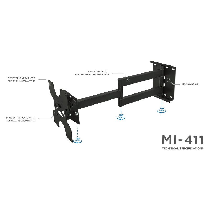 Mount-It! Full Motion TV Wall Mount | 25 Inch Long Extension Swing Arm Bracket For Single Stud Installation | VESA 100, 200 mm, 100 Lbs. Capacity, 3 of 9