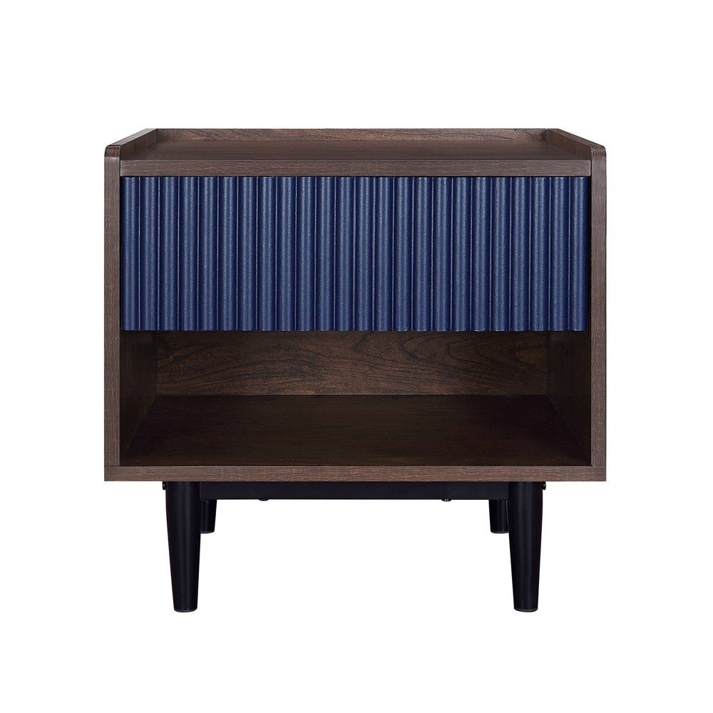 Photos - Storage Сabinet Duane Modern Ribbed Nightstand with Drawer Dark Brown/Navy Blue - Manhattan Comfort