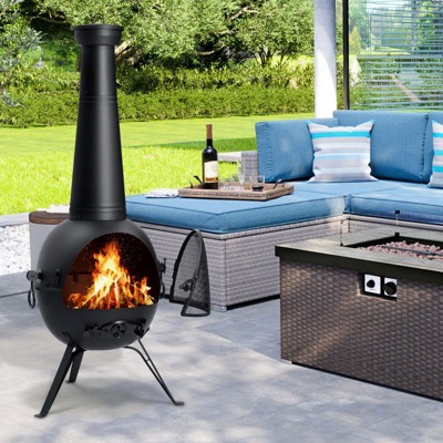 54.5" Black Painted Iron Wood-Burning Chiminea Fireplace