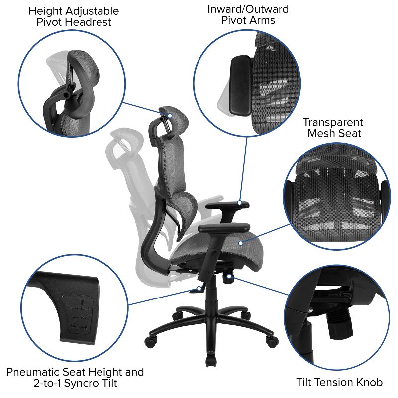 Flash Furniture Ergonomic Mesh Office Chair with 2-to-1 Synchro-Tilt, Adjustable Headrest, Lumbar Support, and Adjustable Pivot Arms, 6 of 14