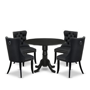 East West Furniture, 5 Piece Modern Dining Table Set Consists of a Round Kitchen Table with Dropleaf and 4 Upholstered Chairs, Black - 1 of 4