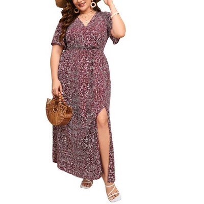 Whizmax Women Plus Size Wrap Maxi Dress Short Flutter Sleeves Empire Waist Split A Line Boho Casual Dress Wine Spots 3XL