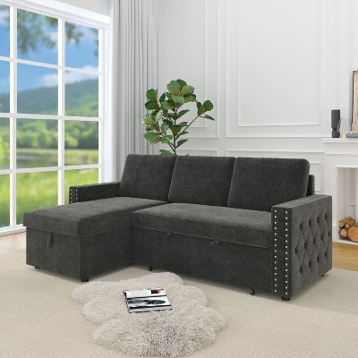 VYNXARIA 85 Inches Sofa Bed,3 Seater Sleeper Sofa with Storage Chaise, Square Handrail With Pull and Copper nail,Pull Out Couch