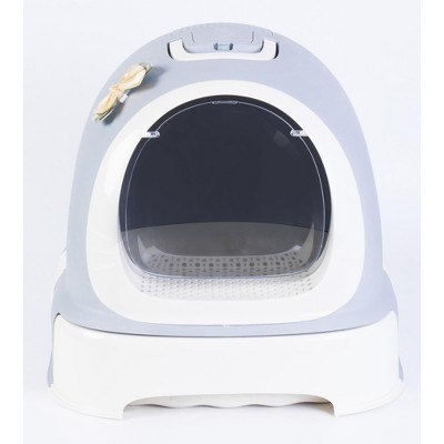 Gray and White Fully Enclosed Hooded Litter Pan with Front Entry