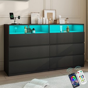 Dyonery modern 6-drawer dressing table with power sockets and LED lights, wide storage cabinet with open shelves, bedroom, living room - 1 of 4