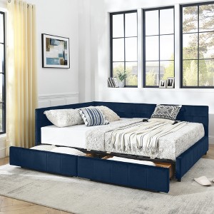 TiramisuBest Queen Size Velvet Dark Blue Upholstered Tufted Bed Frame, 85.5''*64.5''*29.5'' - 1 of 4